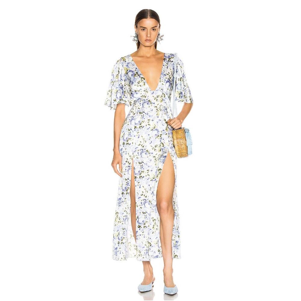 Les Reveries Silk Deep Neck Flutter Sleeve Midi Maxi Dress |‎ Blue Floral | SZ 4